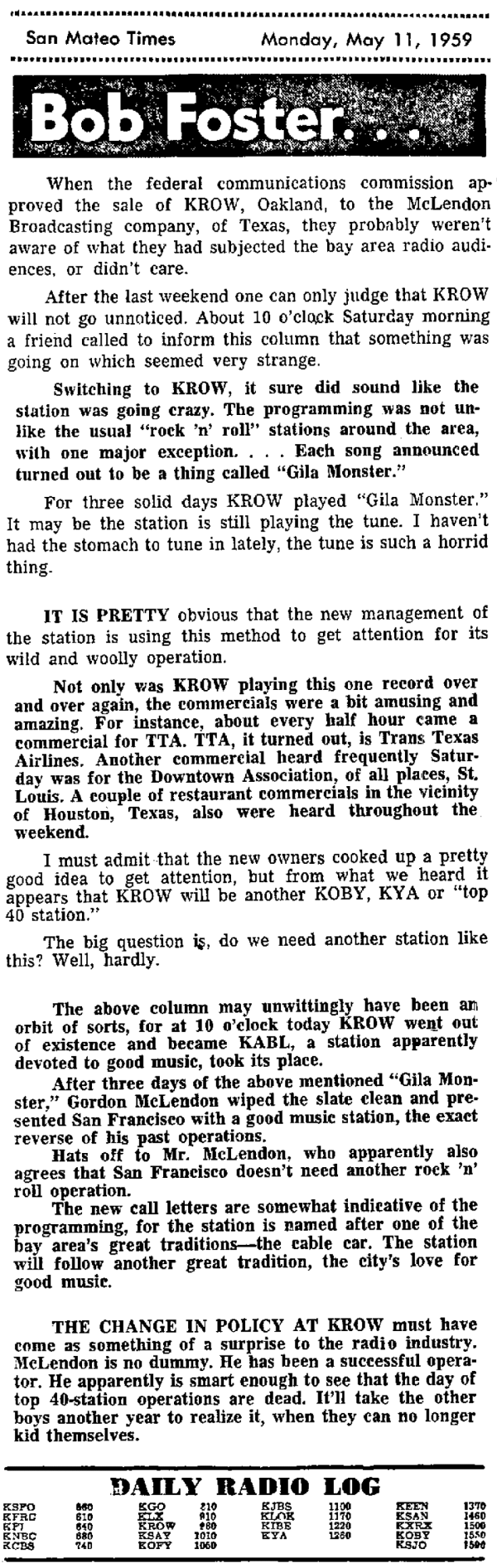KABL Radio Debuts (1959 News Article)