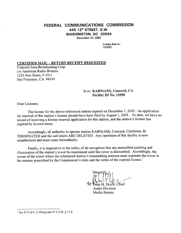 KABN (KWUN) FCC Deletion Letter (Image)