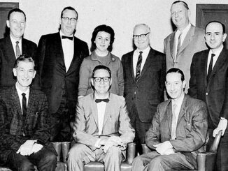 The staff that produced the Doug Pledger Show on KNBC Radio (680 AM in San Francisco) in the 1950s. Seated, left to right: Clarence Leisure, announcer; Doug Pledger, program host; John Grover, announcer. Standing, left to right: Budd Heyde, announcer; Jack Van Wart, engineer; Enka Pledger (Mrs. Doug Pledger); Oscar Berg, engineer; Lee Kolm, engineering supervisor; Shahan Alexanian, engineer.