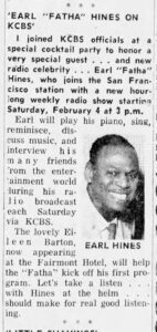 Contra Costa Times report on Earl "Fatha" Hines' new KCBS show