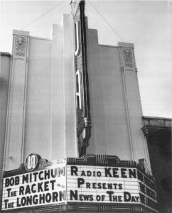 1951 photo shows Radio KEEN Presents News of the Day on United Artists theater signboard in San Jose