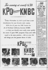 KNBC ad Oakland Tribune November 23, 1947