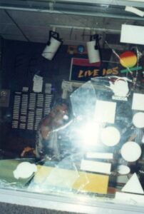 Broken studio window Live 105 (KITS-FM) 1991