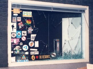 Broken studio window at Live 105 KITS 1991