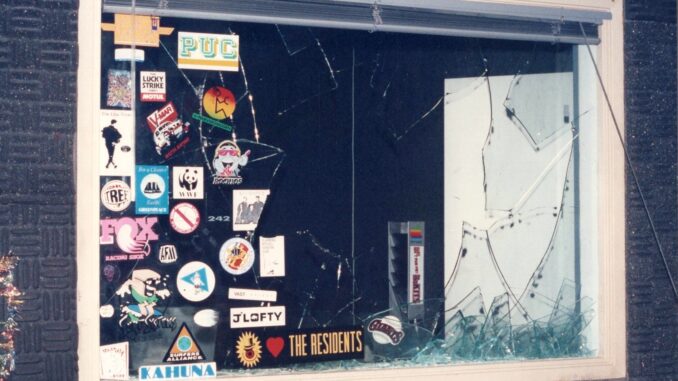 Broken studio window at Live 105 KITS 1991