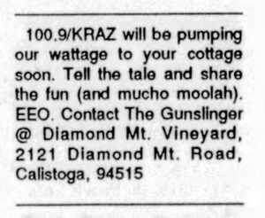 KRAZ help wanted ad in The Weekly Calistogian April 1996