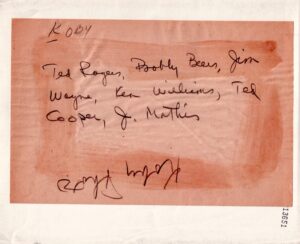 Handwritten note on back of Johnny Mathis KOBY photo