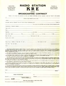 KRE Broadcasting Contract, circa early 1930s