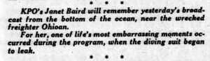San Francisco Call-Bulletin item mentions leak in Baird's diving suit